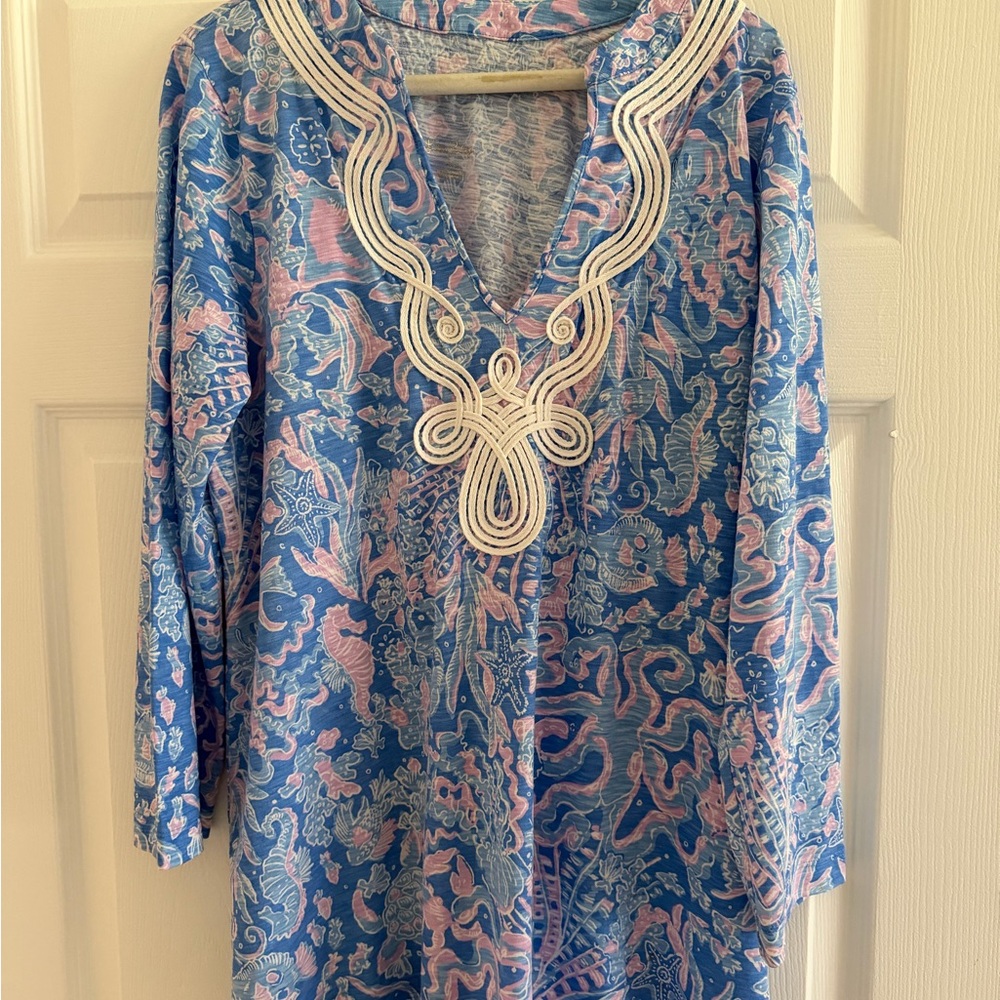 Lilly Pulitzer Vibrant Blue and Pink Blouse with White Embroidery